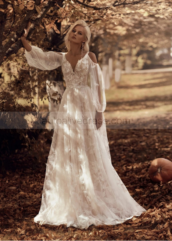 Ivory 3D Lace Tulle Unique Beaded Wedding Dress